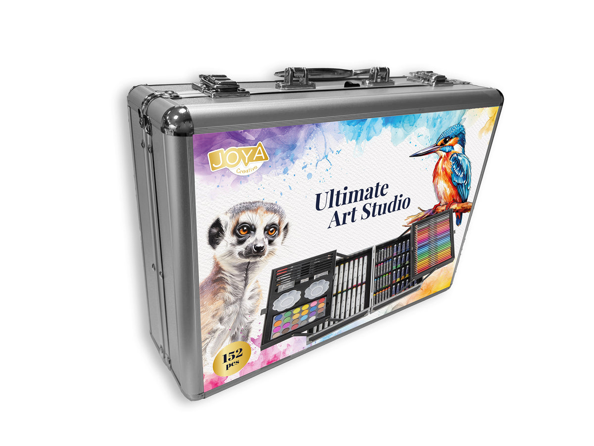 Joya Creative Luxe Drawing and Painting Case 152 Pieces – Complete Drawing Set with Markers, Watercolor Pencils, Paint, Brushes and Metal Storage Case