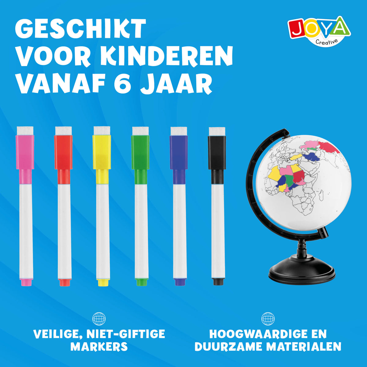 Joya Creative Wereldbol Inkleuren – Educatieve Wereldbol met Uitwisbare Markers voor Kinderen