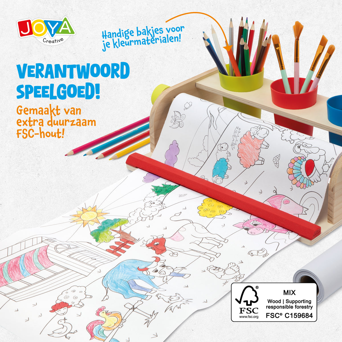 Joya Creative Kleurplaat op Rol met Houten Papierrolhouder – 10 Meter Tekenrol voor Kinderen inclusief FSC Houten Tekenstation