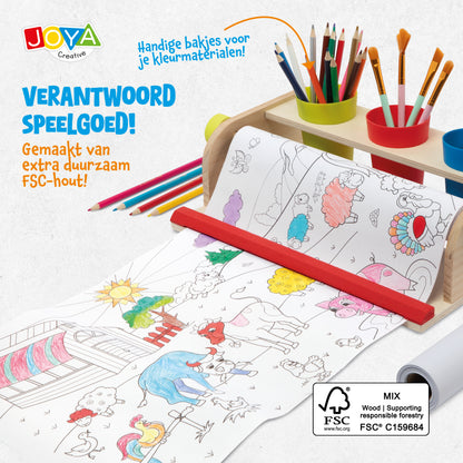 Joya Creative Kleurplaat op Rol met Houten Papierrolhouder – 10 Meter Tekenrol voor Kinderen inclusief FSC Houten Tekenstation