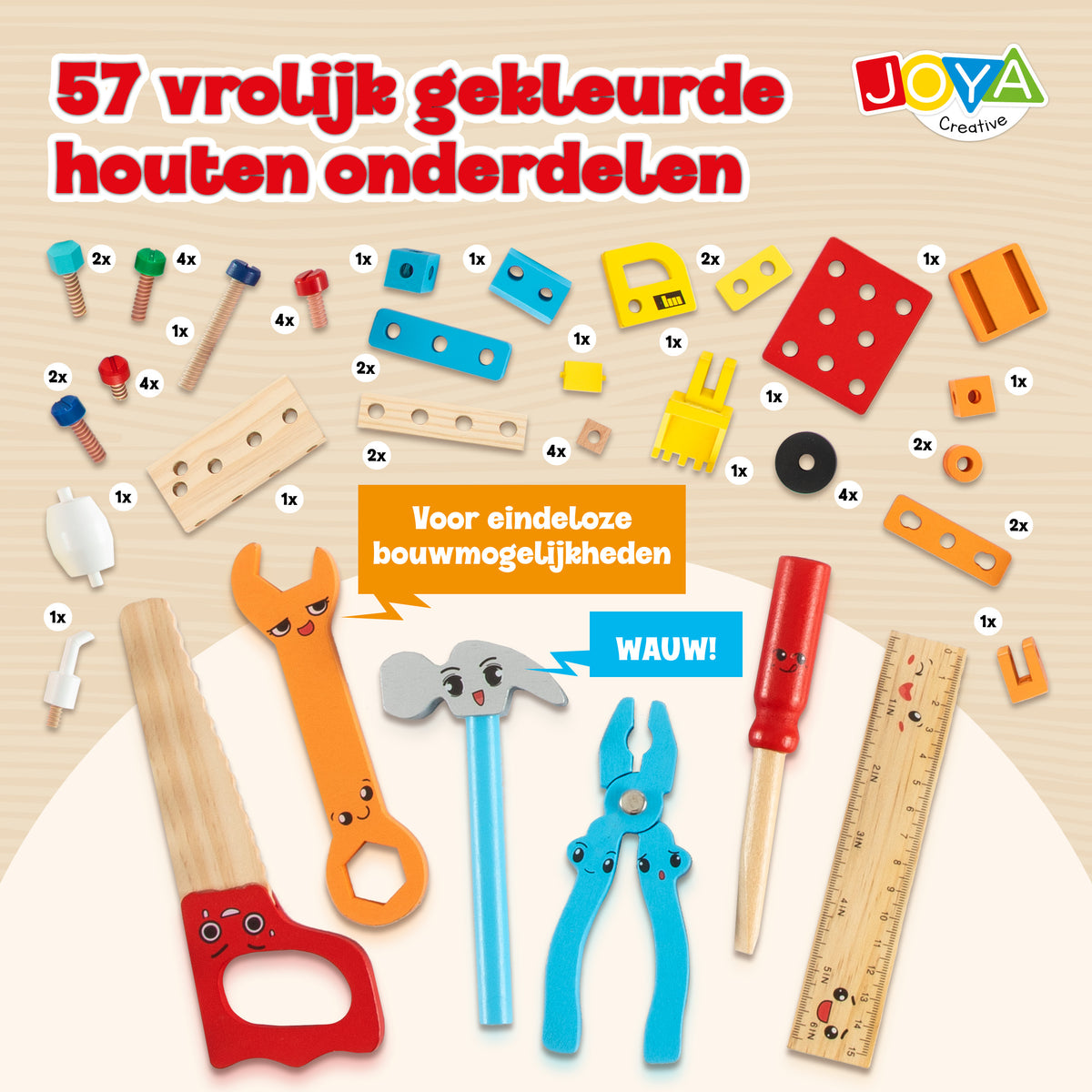 Joya Creative Houten Gereedschapskist 57 Delig – FSC Gereedschap Speelgoed met Werkbank voor Kinderen