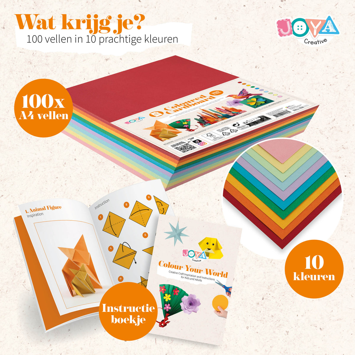 Joya Creative Cartulina de colores A4 de 100 hojas - Papel de manualidades de 200 gramos en 10 colores con libro de inspiración incluido