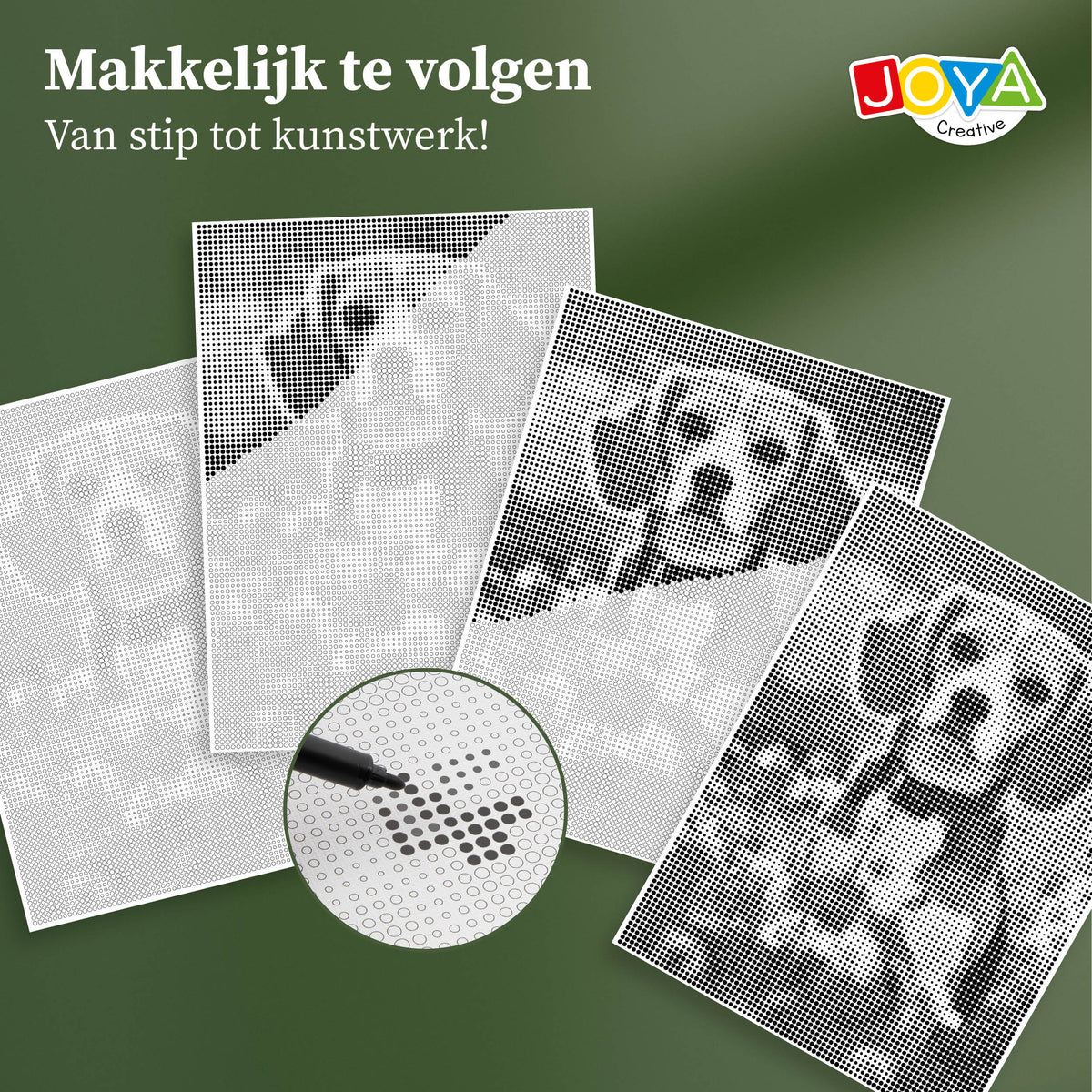 Joya Creative Dot Painting Perro 40x30 cm – Cuadro de pintura con puntos para adultos, incluye 3 fineliners y guía de inspiración