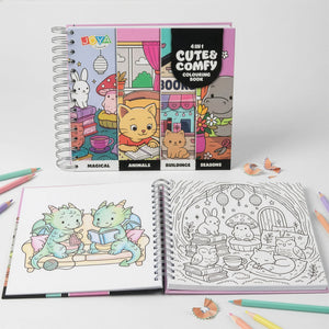 Joya Creative Cute Comfy Colouring Book 4-in-1 – 164 Colouring Pages for Adults and Children with Magical Animals, Buildings & Seasons