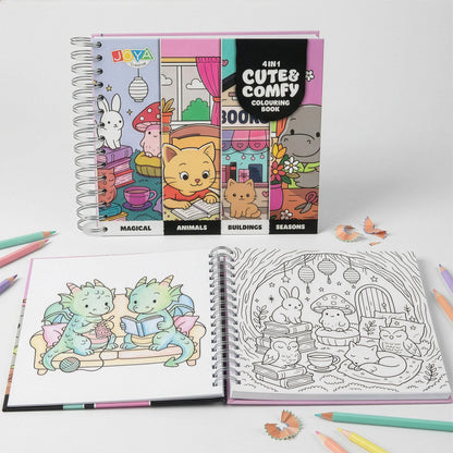 Joya Creative Cute Comfy Colouring Book 4-in-1 – 164 Kleurplaten voor Volwassenen en Kinderen met Magical Animals, Buildings & Seasons