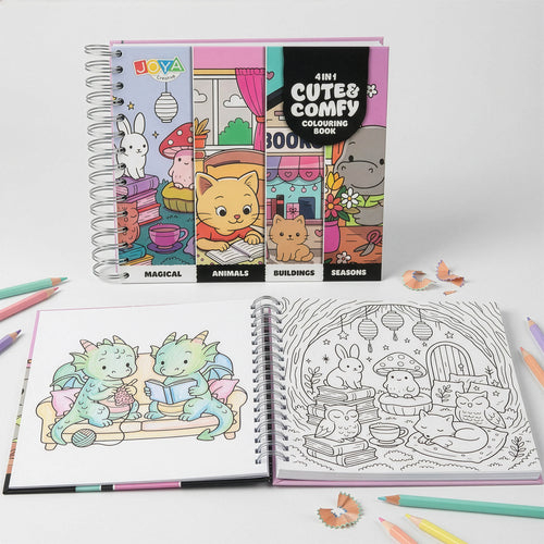 Joya Creative Cute Comfy Colouring Book 4-in-1 – 164 Colouring Pages for Adults and Children with Magical Animals, Buildings & Seasons