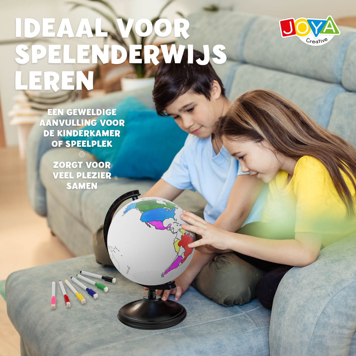 Joya Creative Wereldbol Inkleuren – Educatieve Wereldbol met Uitwisbare Markers voor Kinderen