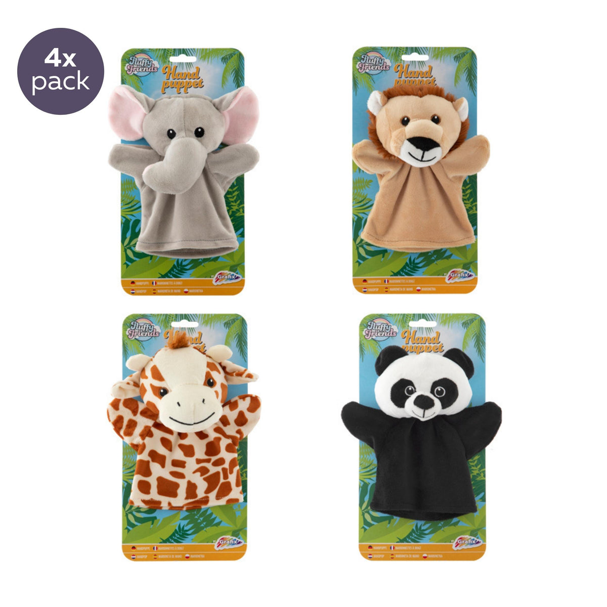 Puppet Dolls 4pcs - Hand Puppets Animals - Hand Puppet Lion, Panda, Giraffe & Elephant - Suitable for Puppet Theaters & Puppets - Joya Creative