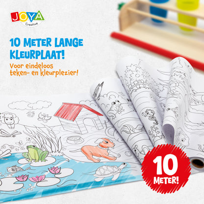 Joya Creative Kleurplaat op Rol met Houten Papierrolhouder – 10 Meter Tekenrol voor Kinderen inclusief FSC Houten Tekenstation