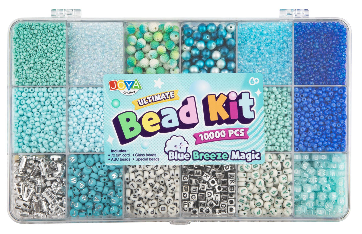 Luxury Bracelets Making Girls Bead Set 10,000pcs - Blue Breeze Magic - ABC Beads, Glass Beads and Elastic - Storage Box 27x16x4cm - Joya Creative