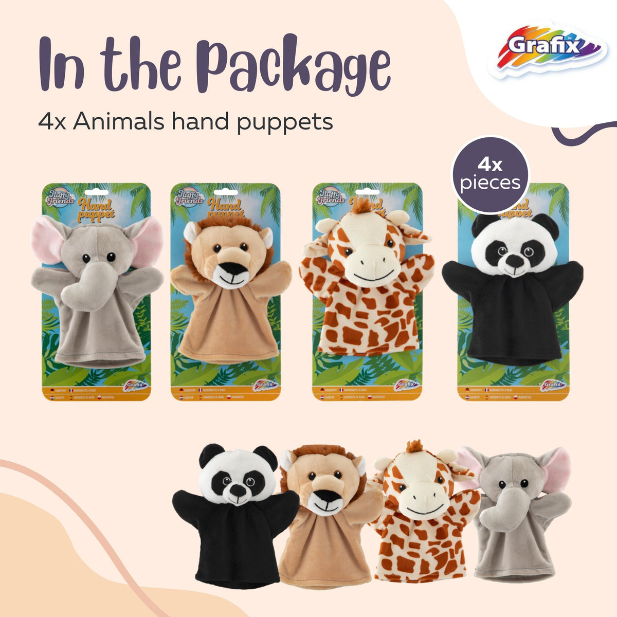 Puppet Dolls 4pcs - Hand Puppets Animals - Hand Puppet Lion, Panda, Giraffe & Elephant - Suitable for Puppet Theaters & Puppets - Joya Creative