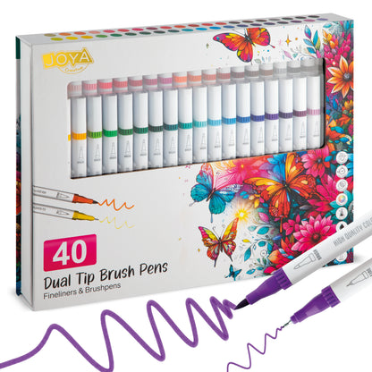 Joya Creative Fineliner Brush Pens Set 40pcs - Pens for Adults and Children - Bullet Journaling - Hand Lettering - Colored Fineliners - Drawing Pen Set