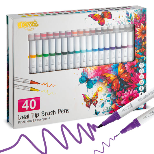 Joya Creative Fineliner Brush Pens Set 40pcs - Pens for Adults and Children - Bullet Journaling - Hand Lettering - Colored Fineliners - Drawing Pen Set