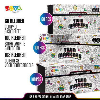 Joya Creative Set de 168 rotuladores Twinmarkers - Rotuladores con alcohol de doble punta - Rotuladores para adultos y niños - Lujoso maletín de almacenamiento