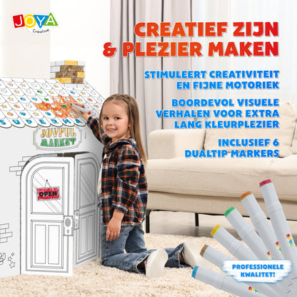 Joya Creative Construye tu propio supermercado – Casita de cartón de tamaño real para construir, colorear y jugar con 6 rotuladores