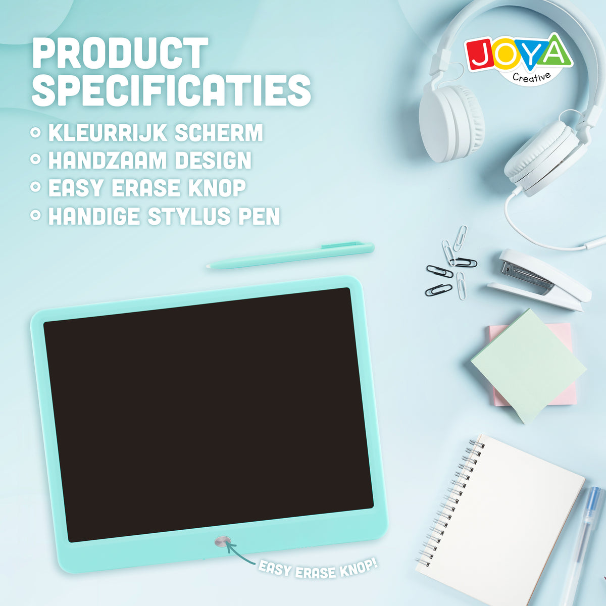 Joya Creative Digitaal Tekenbord 15 Inch Blauw – LCD Tekentablet voor Kinderen met Wisfunctie