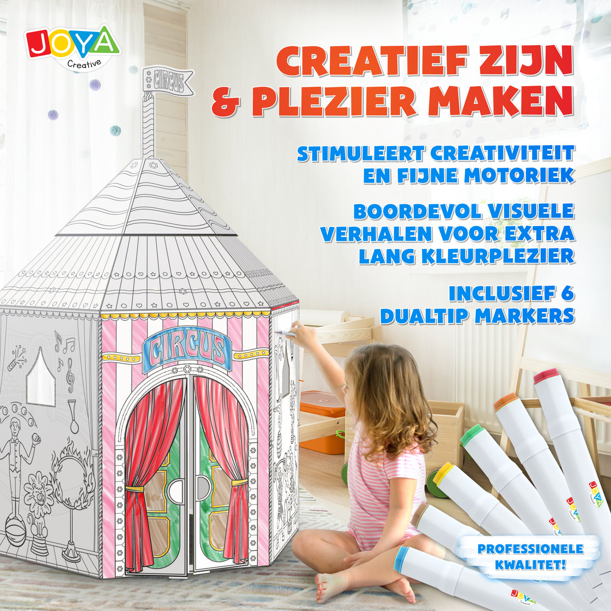 Joya Creative Construye tu propio circo – Casita de cartón de tamaño real para construir, colorear y jugar con 6 rotuladores