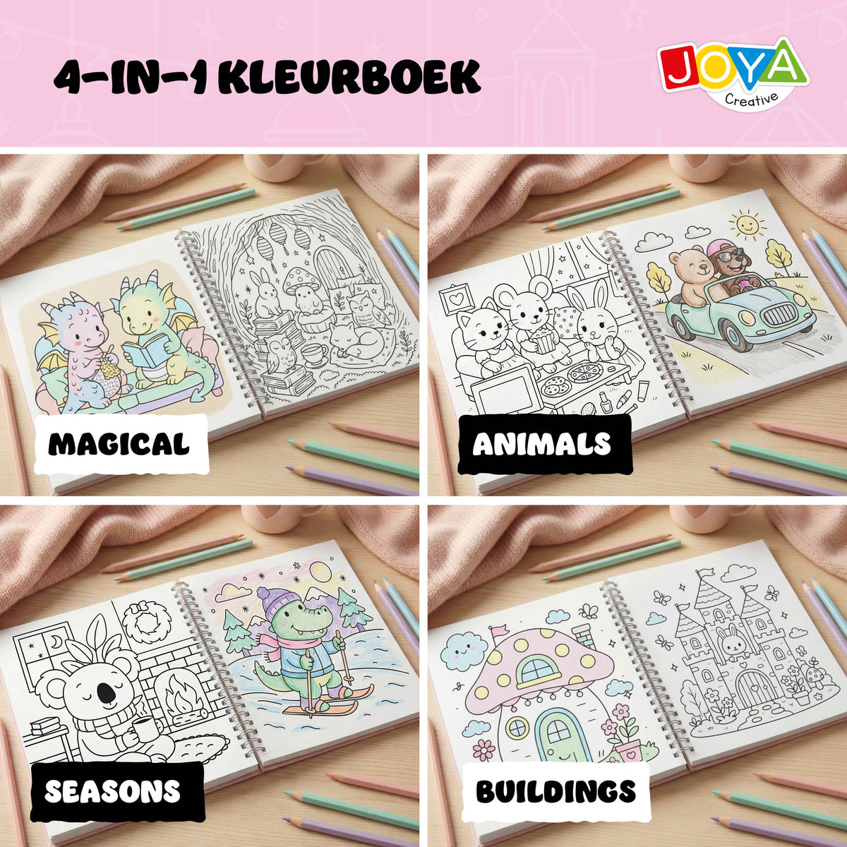 Joya Creative Cute Comfy Colouring Book 4-in-1 – 164 Kleurplaten voor Volwassenen en Kinderen met Magical Animals, Buildings & Seasons