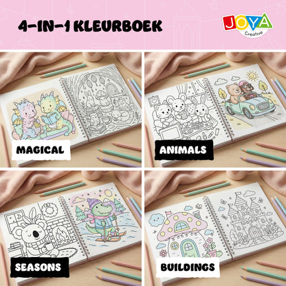 Joya Creative Cute Comfy Colouring Book 4-in-1 – 164 Kleurplaten voor Volwassenen en Kinderen met Magical Animals, Buildings & Seasons