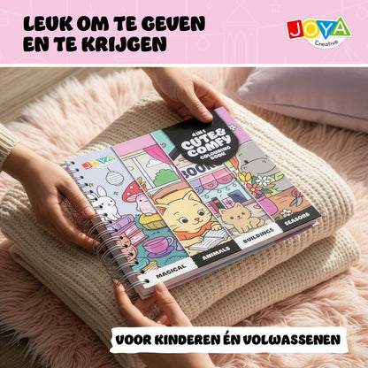 Joya Creative Cute Comfy Colouring Book 4-in-1 – 164 Kleurplaten voor Volwassenen en Kinderen met Magical Animals, Buildings & Seasons