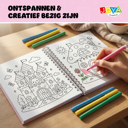 Joya Creative Cute Comfy Colouring Book 4-in-1 – 164 Kleurplaten voor Volwassenen en Kinderen met Magical Animals, Buildings & Seasons