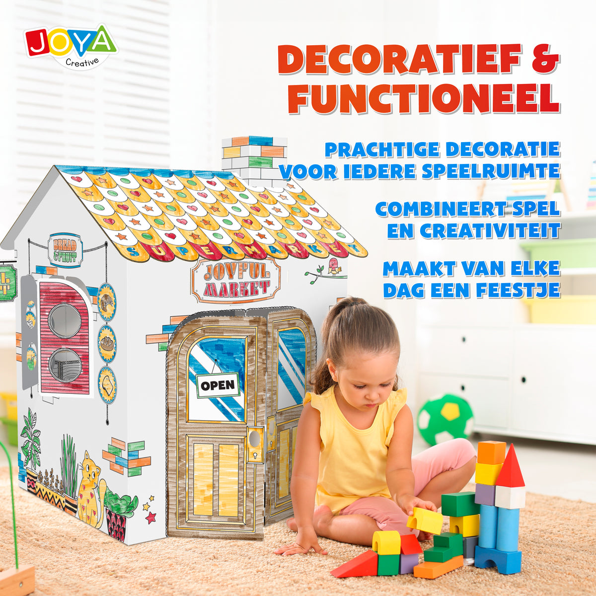 Joya Creative Construye tu propio supermercado – Casita de cartón de tamaño real para construir, colorear y jugar con 6 rotuladores