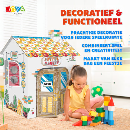 Joya Creative Construye tu propio supermercado – Casita de cartón de tamaño real para construir, colorear y jugar con 6 rotuladores
