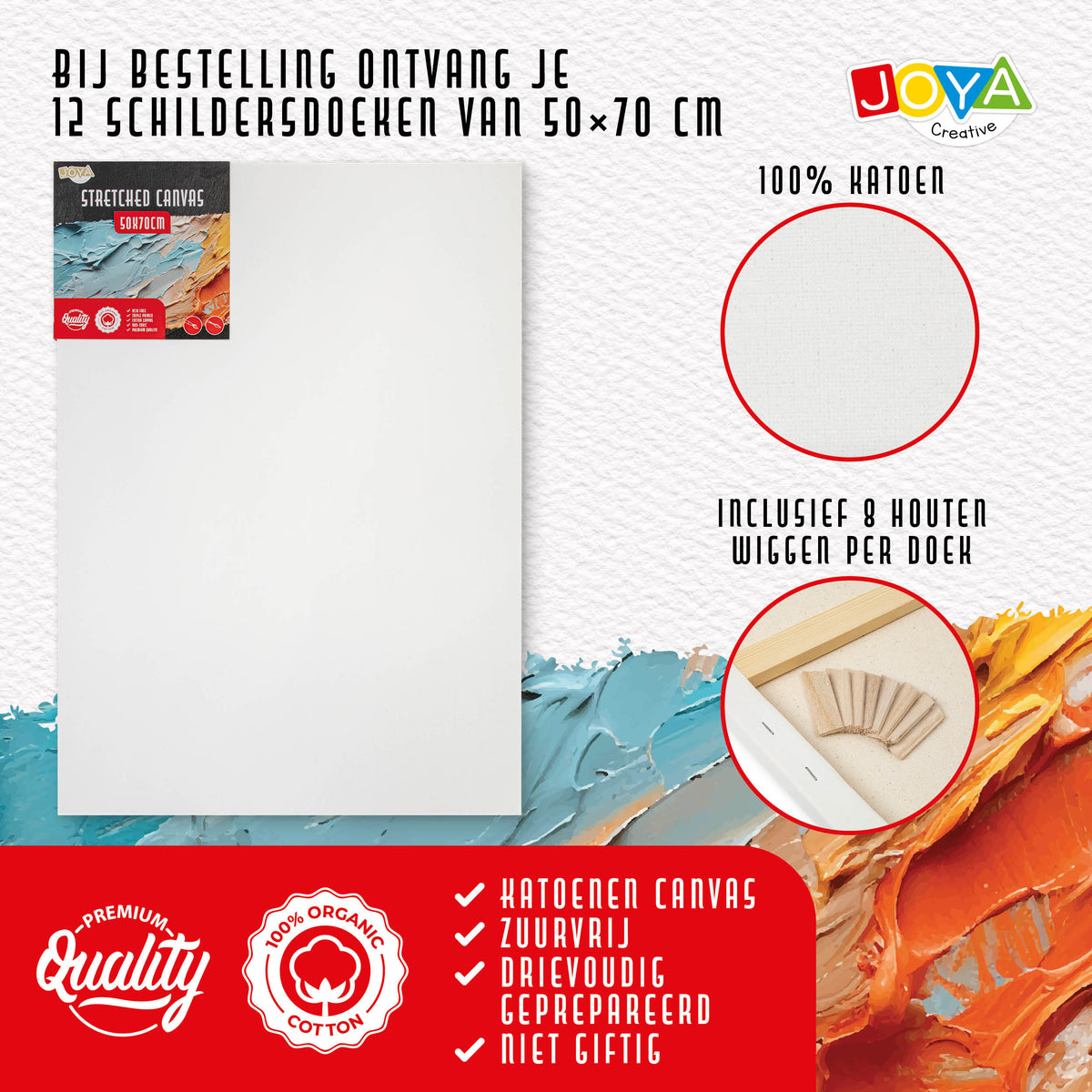 Lienzos para pintar de 50x70 cm - 12 unidades - Lienzos y paneles de lienzo - 100% algodón - Para pintura acrílica, pintura al óleo y técnicas de pintura - Joya Creative