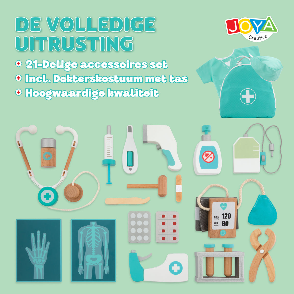 Joya Creative Set de médico de madera de 21 piezas - Maletín de médico FSC con bata de médico para niños