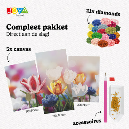 Joya Creative Diamond Painting Bloemen Drieluik – DIY Diamond Painting Volwassenen met 3 Bloemenpanelen en Ronde Steentjes