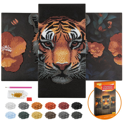 Joya Creative Diamond Painting Tijger Drieluik – DIY Diamond Painting Volwassenen met 3 Panelen en Ronde Steentjes