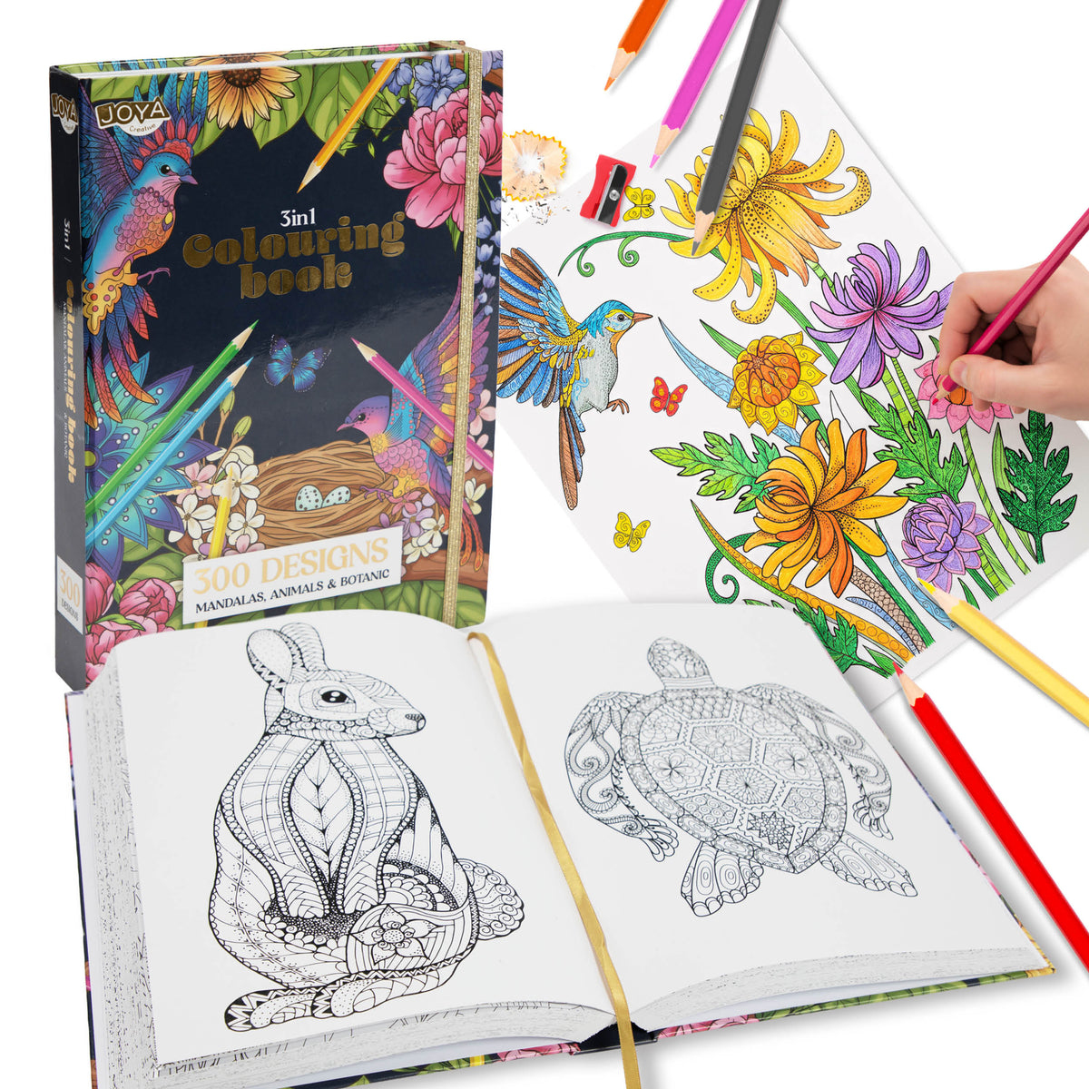 Joya Creative Libro de colorear de lujo para adultos A4 Edición 2026 - 300 láminas para colorear botánicas, de animales y mandalas
