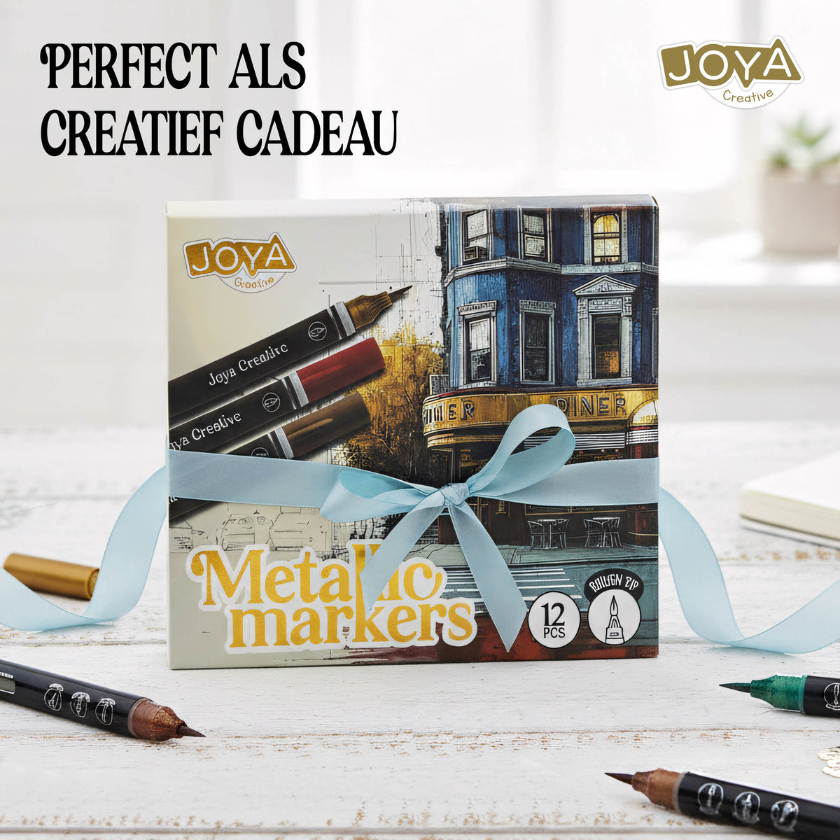 Joya Creative Metallic Acrylic Pens 12 Pieces - Brush Tip Acrylic Markers for Stone, Glass, Wood, Metal, Fabric and DIY Projects