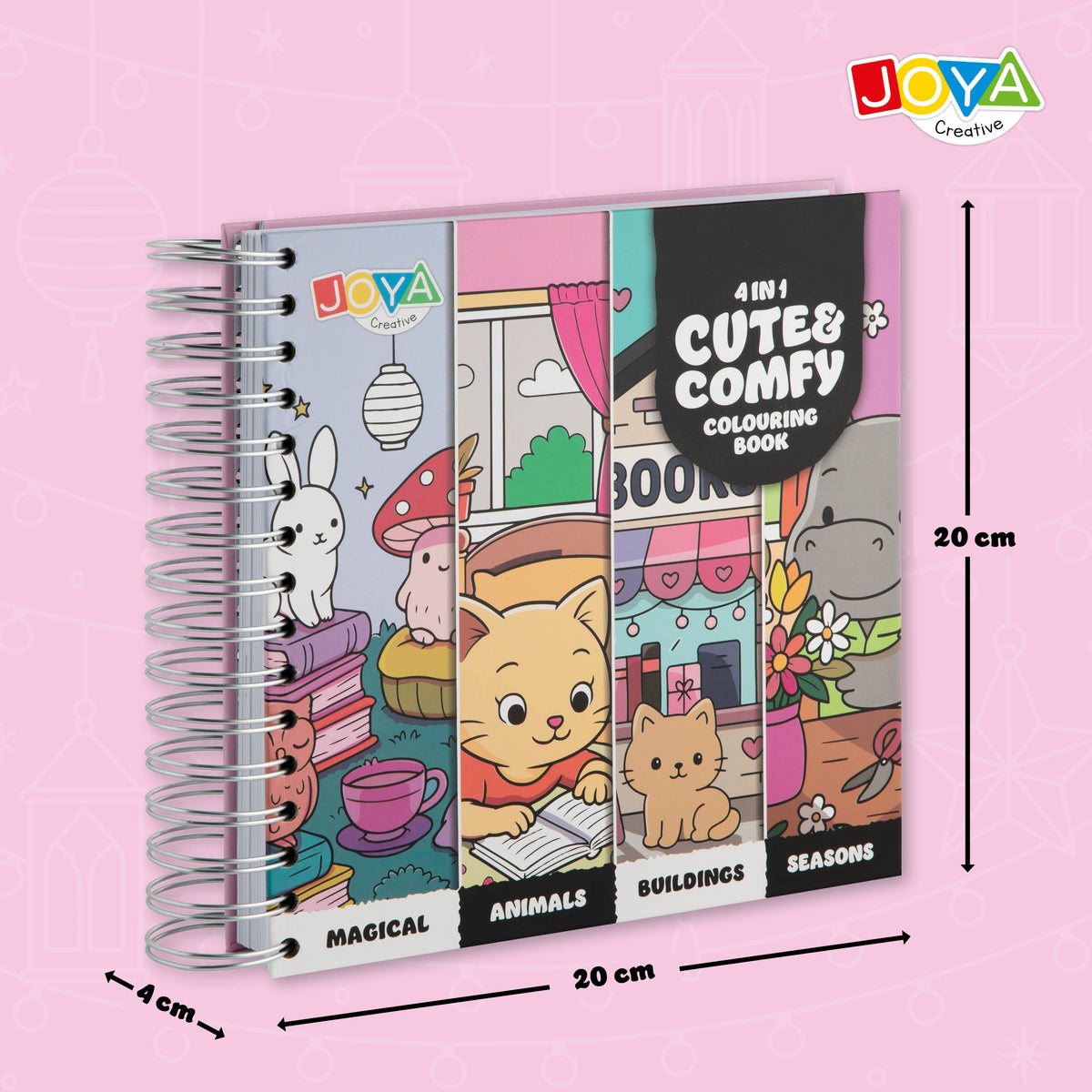 Joya Creative Cute Comfy Colouring Book 4-in-1 – 164 Kleurplaten voor Volwassenen en Kinderen met Magical Animals, Buildings & Seasons