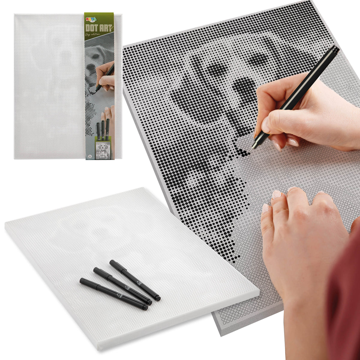 Joya Creative Dot Painting Perro 40x30 cm – Cuadro de pintura con puntos para adultos, incluye 3 fineliners y guía de inspiración