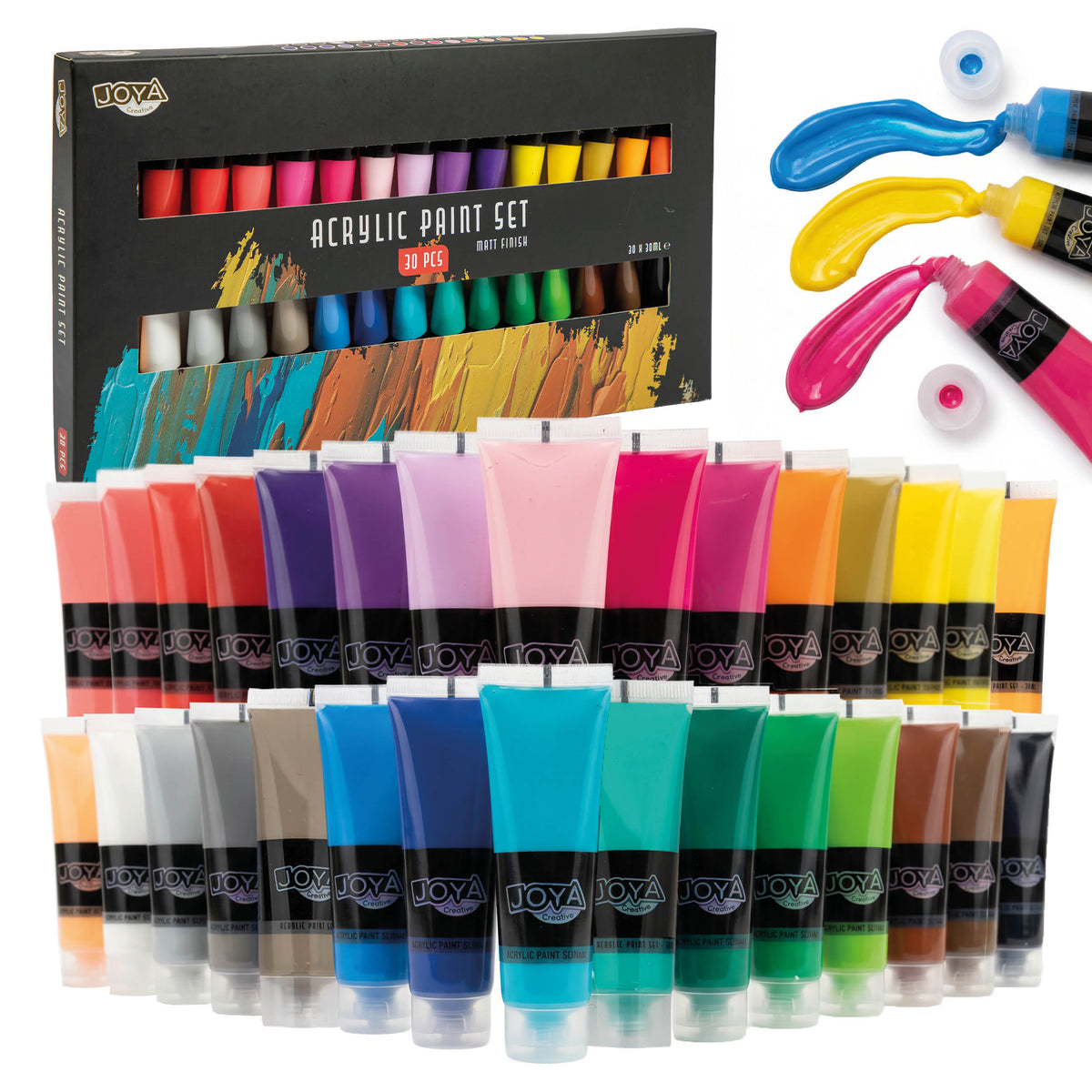 Joya Creative Set de pintura acrílica de 30 colores – 30 x 30 ml de pintura para manualidades sobre lienzo, madera, papel, piedra y proyectos DIY