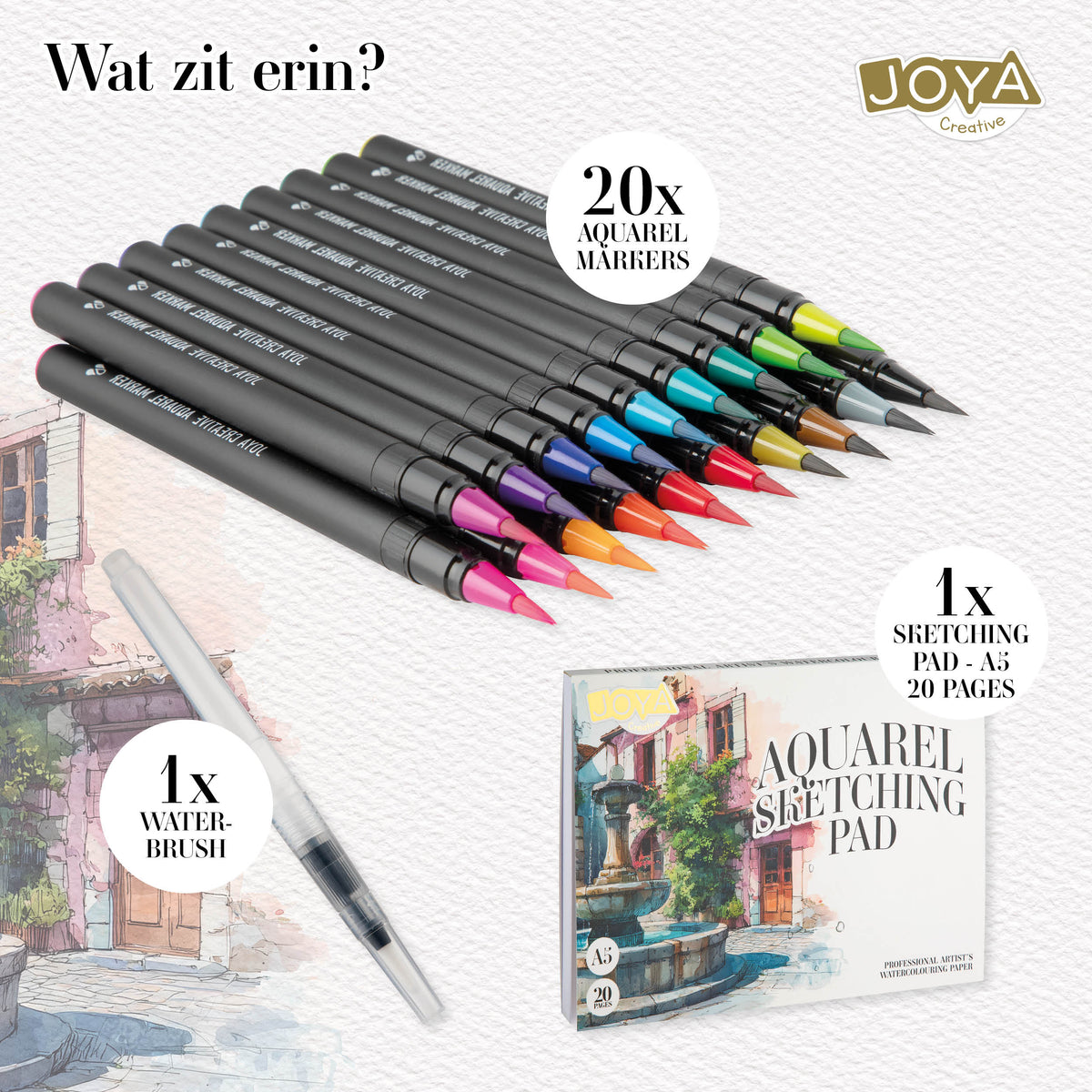Joya Creative Watercolor Paint Set 2-in-1 – 20 Watercolor Brush Markers with A5 Watercolor Pad, Water Brush and Sketchbook