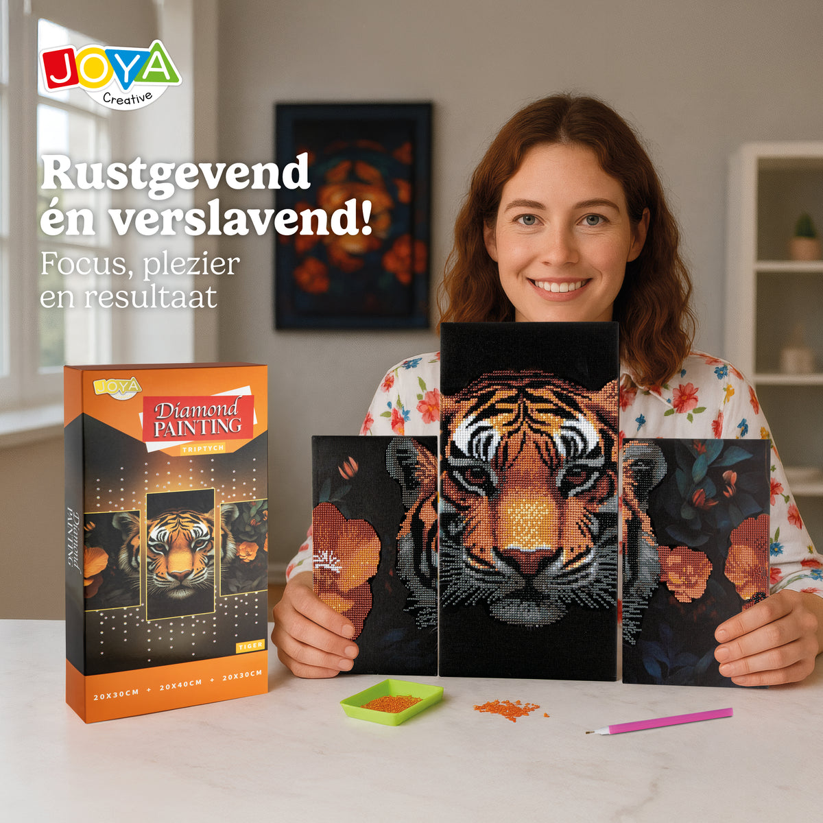 Joya Creative Diamond Painting Tijger Drieluik – DIY Diamond Painting Volwassenen met 3 Panelen en Ronde Steentjes