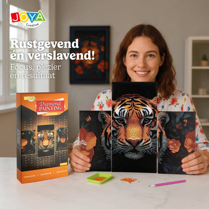 Joya Creative Diamond Painting Tijger Drieluik – DIY Diamond Painting Volwassenen met 3 Panelen en Ronde Steentjes