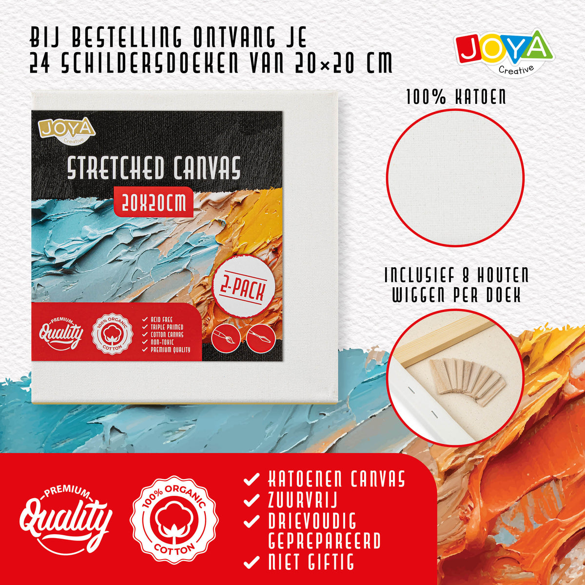 Joya Creative Lienzos para pintar 20x20 cm – Set de 24 lienzos de 100% algodón para pintura acrílica, pintura al óleo y manualidades