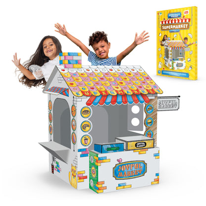 Joya Creative Construye tu propio supermercado – Casita de cartón de tamaño real para construir, colorear y jugar con 6 rotuladores