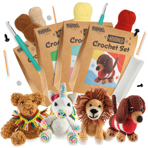 Joya Creative Kit de ganchillo de animales de 4 piezas – Set completo de amigurumi con león, perro, unicornio y oso para principiantes