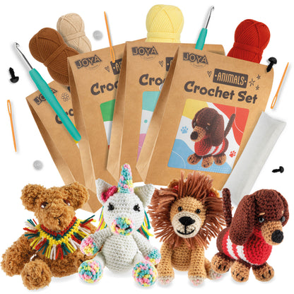 Joya Creative Kit de ganchillo de animales de 4 piezas – Set completo de amigurumi con león, perro, unicornio y oso para principiantes
