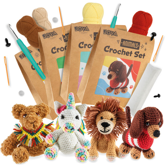 Joya Creative Haakpakket Dieren 4 Delig – Complete Amigurumi Haakset met Leeuw, Hond, Unicorn en Beer voor Beginners