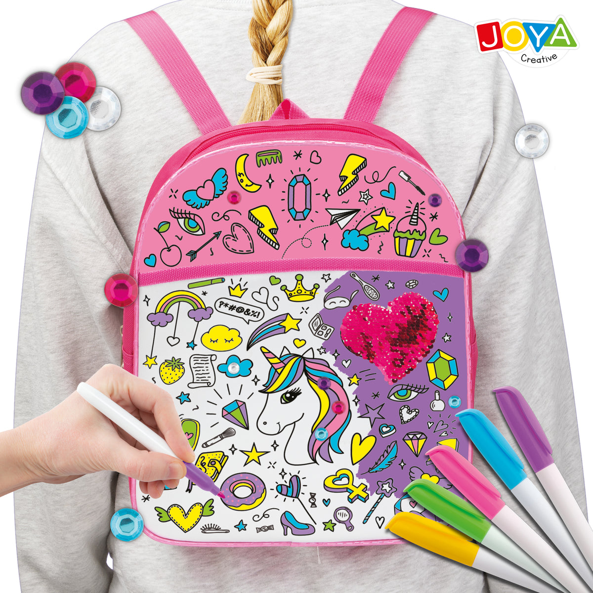 Joya Creative Mochila de unicornio para colorear – Kit de manualidades DIY con rotuladores textiles para niñas