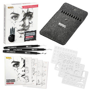 Joya Creative Fineliners Masterkit Black Edition – 10 Black Fineliners, Sketchbook, Waterbrush & Drawing Stencils