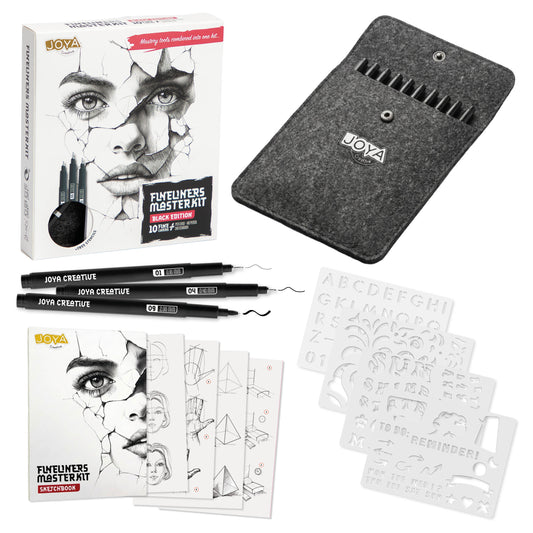 Joya Creative Masterkit de fineliners Black Edition – 10 fineliners negros, cuaderno de bocetos, pincel de agua y plantillas de dibujo