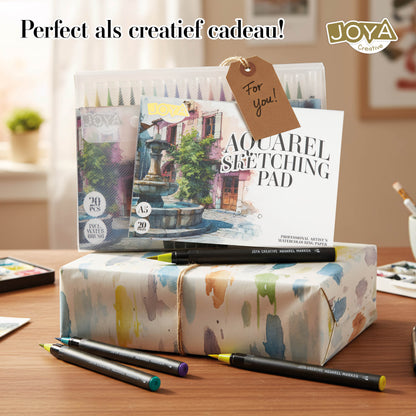Joya Creative Watercolor Paint Set 2-in-1 – 20 Watercolor Brush Markers with A5 Watercolor Pad, Water Brush and Sketchbook