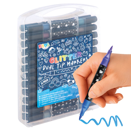 Joya Creative Glitter Stiften Set 24 Stuks – Dual Tip Brushpennen & Fineliners met 48 Glitterkleuren voor Tekenen en Decoreren