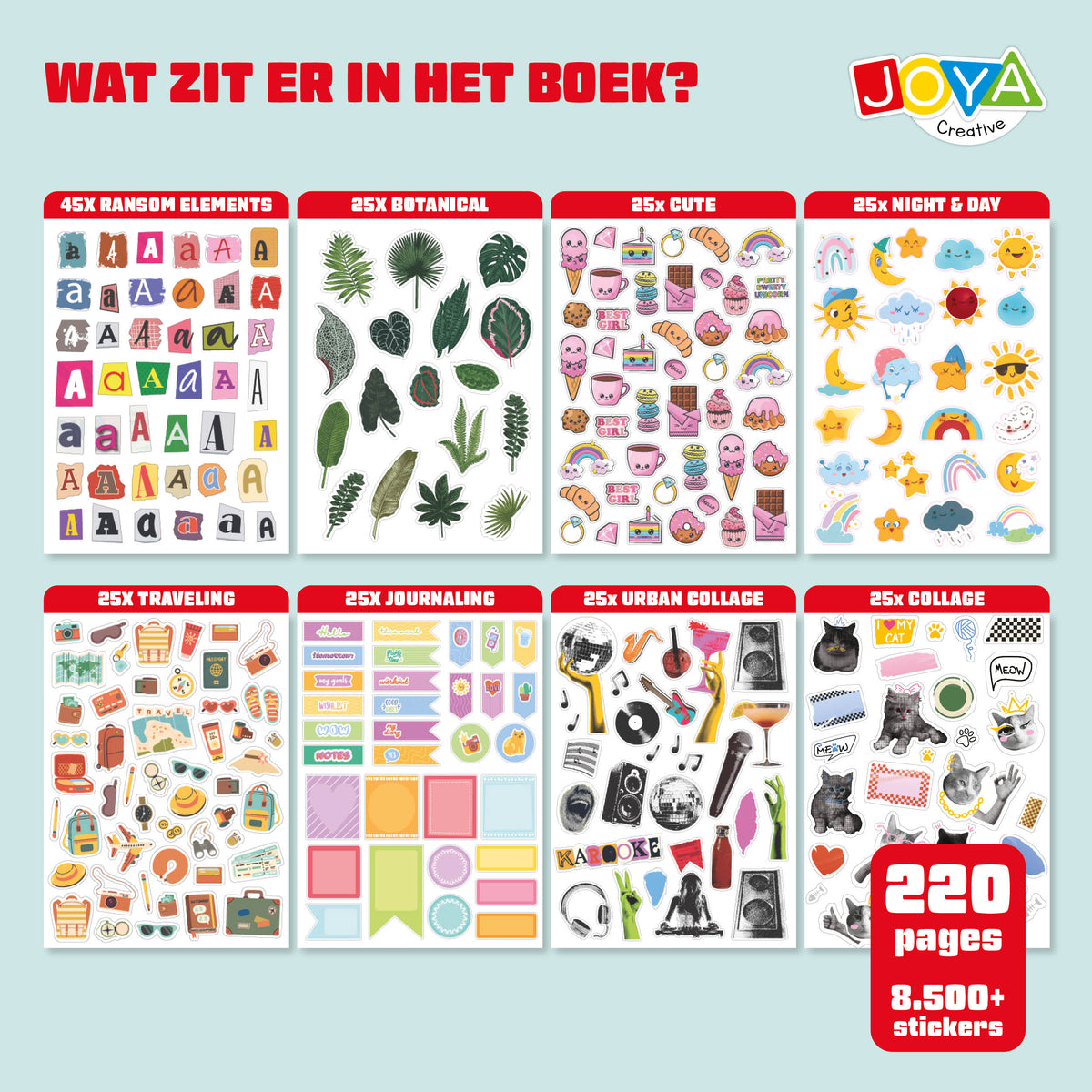 Joya Creative Libro de pegatinas XXL con 8.500 pegatinas – Libro de bullet journal, scrapbooking y journaling con 200 páginas